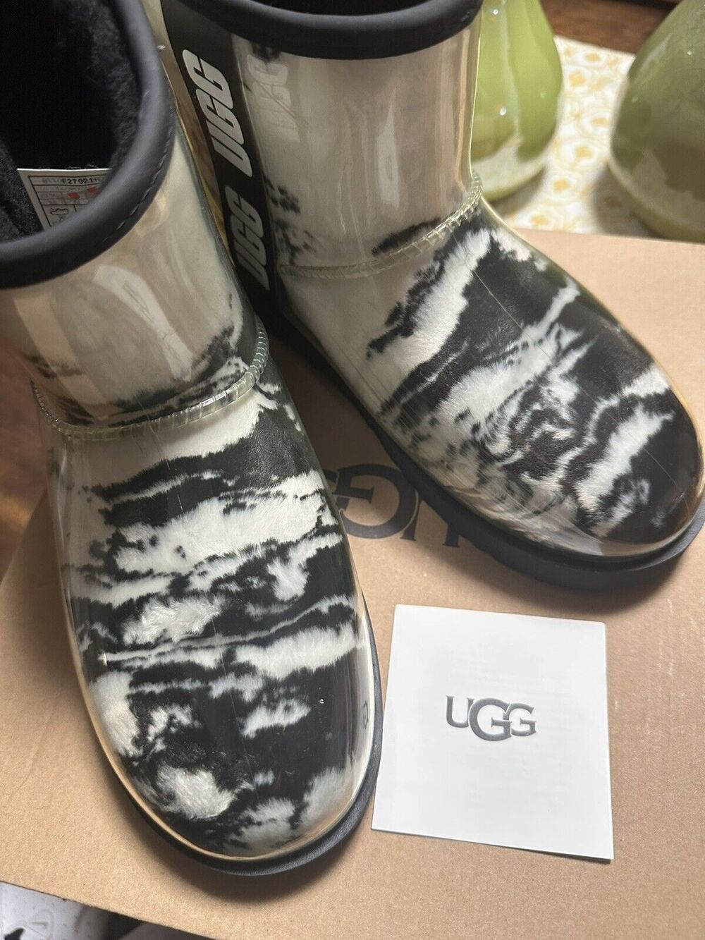 UGG PLUSH Ankle Faux Fur Mini Marble Clear Coated Booties Waterproof 7